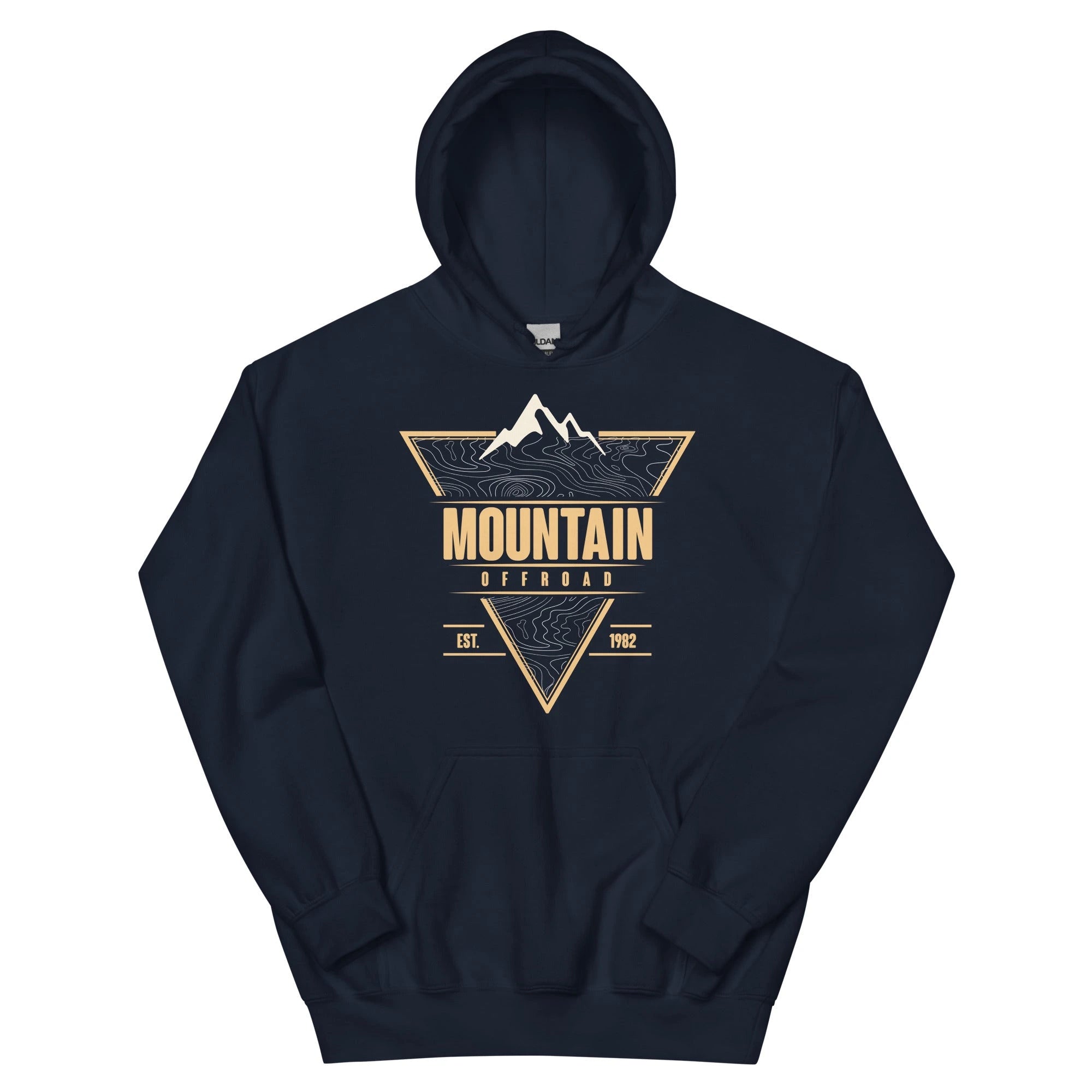A navy blue hoodie with the Mountain Offroad logo and topographic mountain design, perfect for pairing with toyota tundra accessories or layering after installing jeep skid plate.
