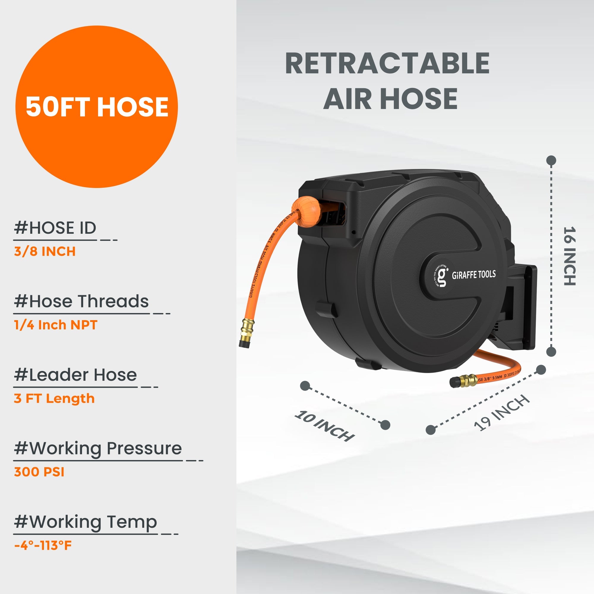 Retractable Air Hose Reel-PP Housing-3/8in-50ft-M.O.R.E.
